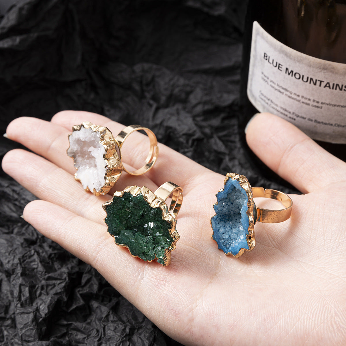 Natural White Crystal Bud Vug Flower Broken Ring Copper Ring