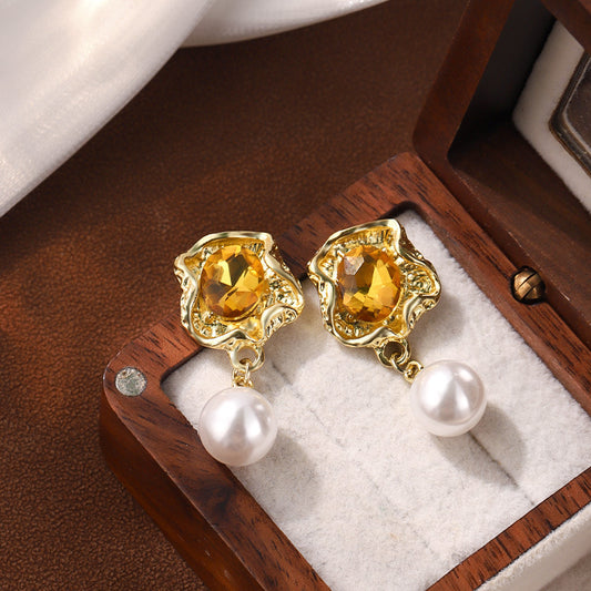 French Vintage Crumpled Flower Pearl Earrings