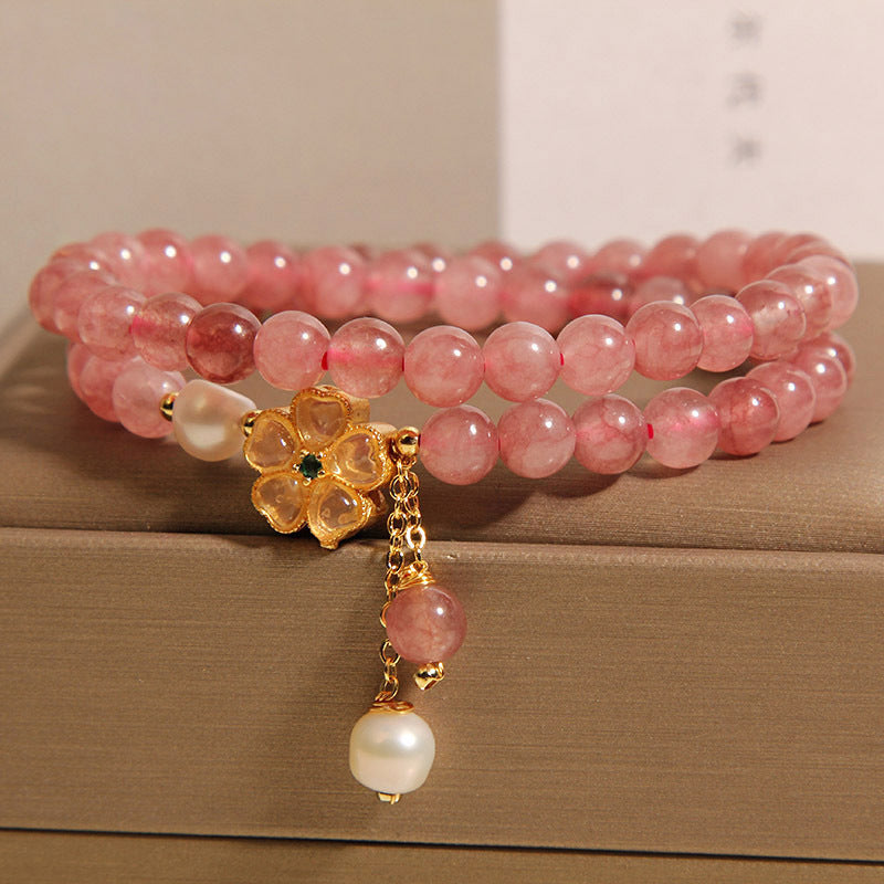 Strawberry Quartz Twin Four-leaf Clover Double Ring Bracelet For Women