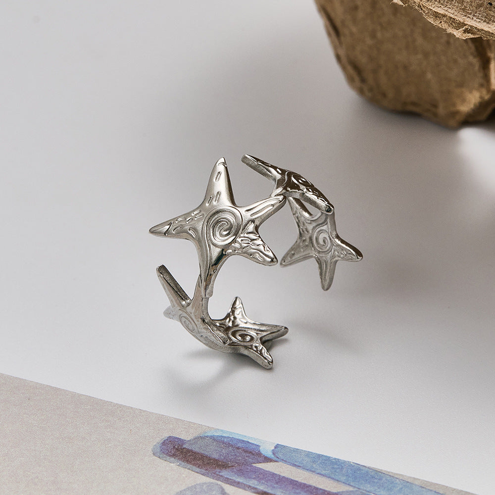 Starfish Stainless Steel Ring Opening Irregular Texture Ring