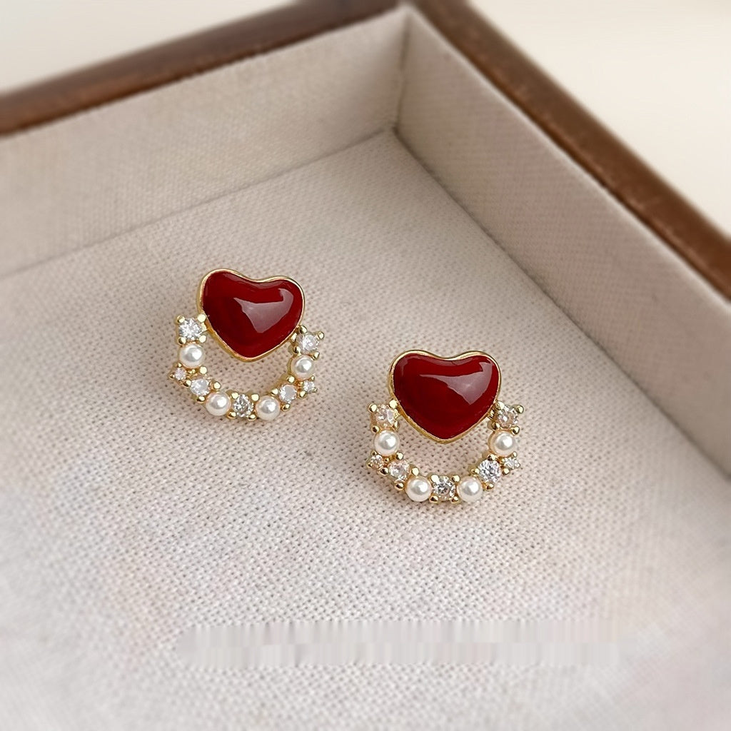 Zircon Wine Red Elegant 925 Silver Needle Heart-shaped Stud Earrings