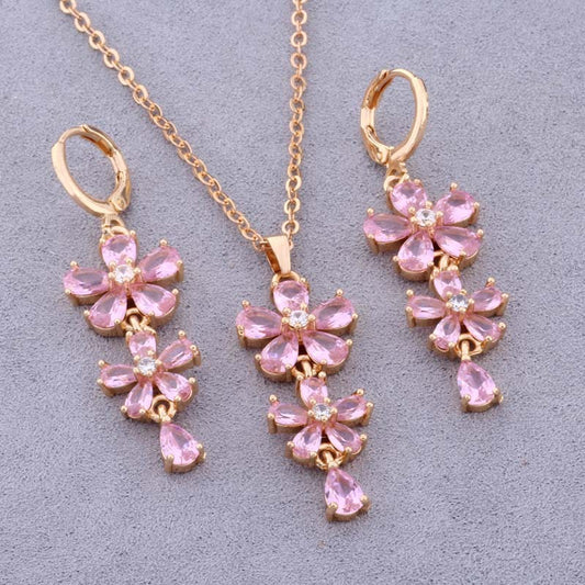 Elegant Zircon Electroplated Copper Earrings And Necklace Set