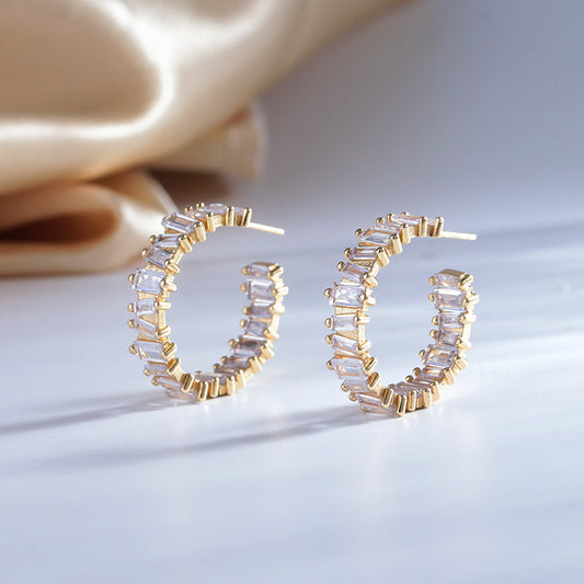 Fashio European And American Copper-plated Gold Full Diamond C- Shaped Stud Earrings For Women