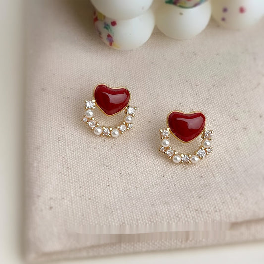 Zircon Wine Red Elegant 925 Silver Needle Heart-shaped Stud Earrings