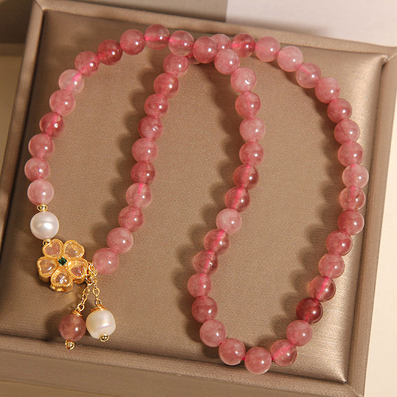 Strawberry Quartz Twin Four-leaf Clover Double Ring Bracelet For Women