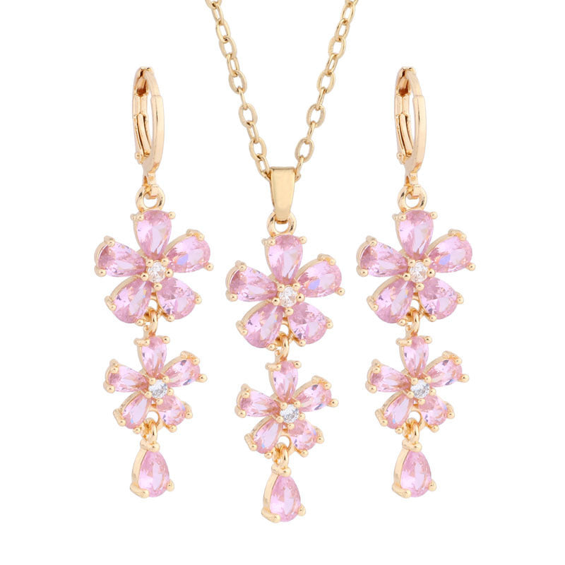 Elegant Zircon Electroplated Copper Earrings And Necklace Set