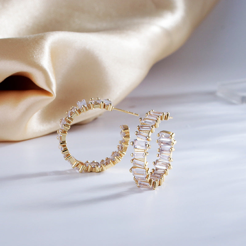 Fashio European And American Copper-plated Gold Full Diamond C- Shaped Stud Earrings For Women
