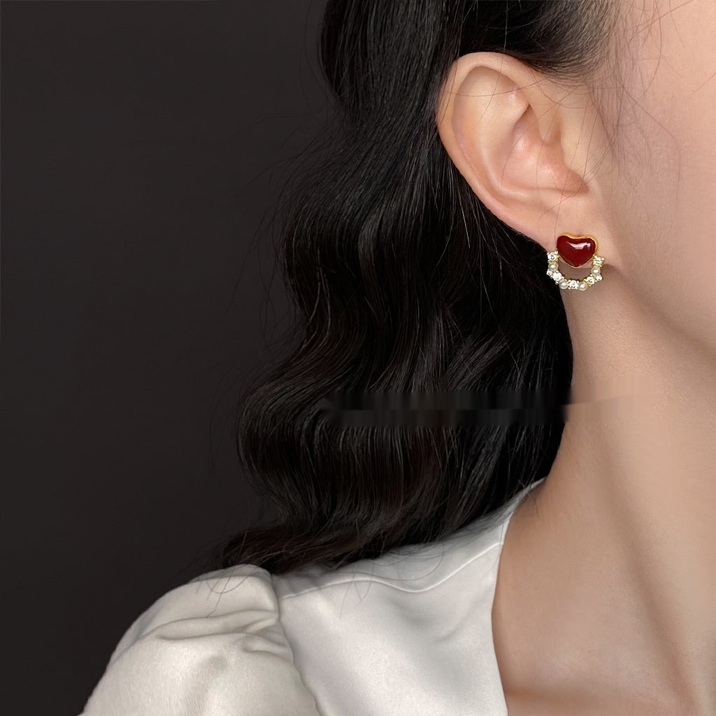 Zircon Wine Red Elegant 925 Silver Needle Heart-shaped Stud Earrings