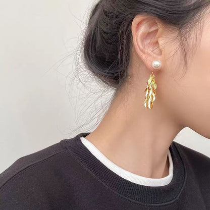 Special Interest Light Luxury Leaves Pearl Tassel Earrings
