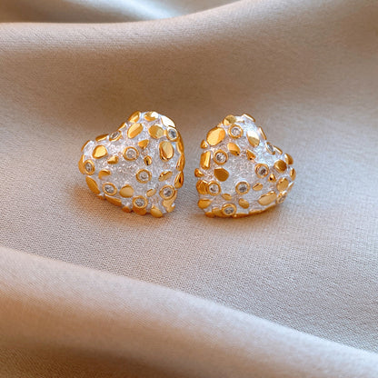 Gold Plating Silver Needle Zircon Dripping Oil Love Heart Earrings Autumn