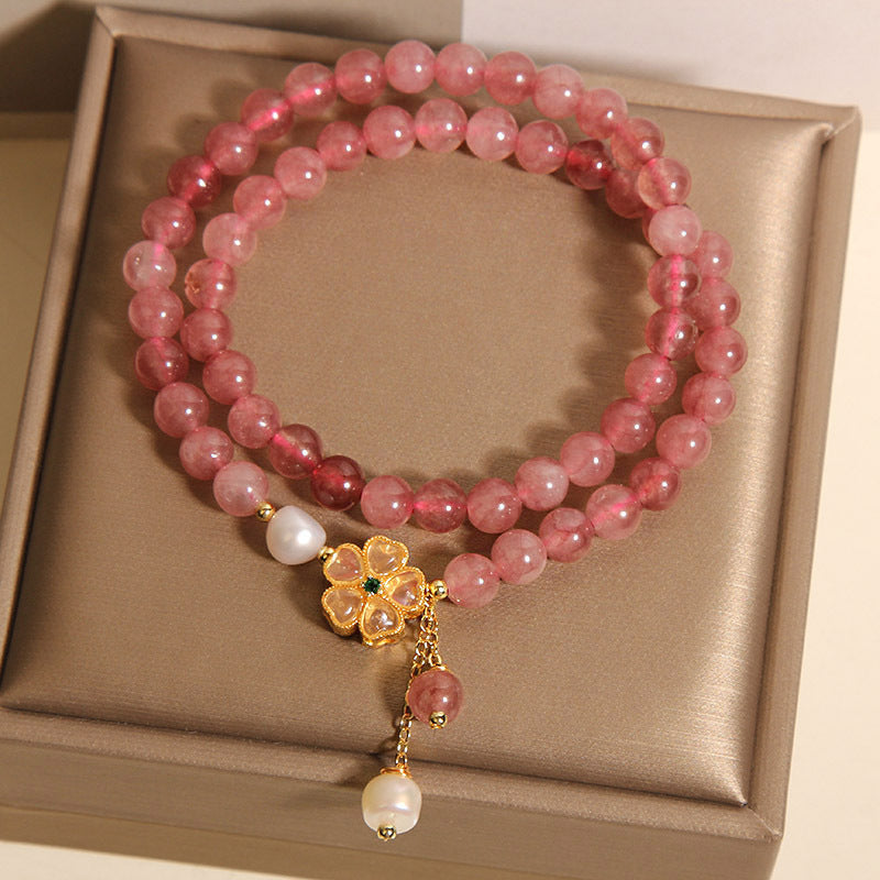Strawberry Quartz Twin Four-leaf Clover Double Ring Bracelet For Women
