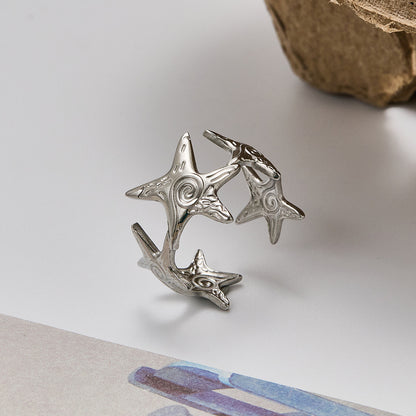 Starfish Stainless Steel Ring Opening Irregular Texture Ring