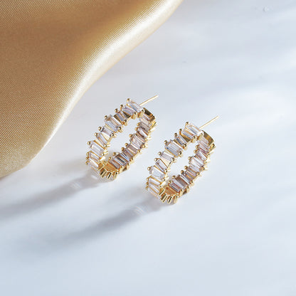 Fashio European And American Copper-plated Gold Full Diamond C- Shaped Stud Earrings For Women