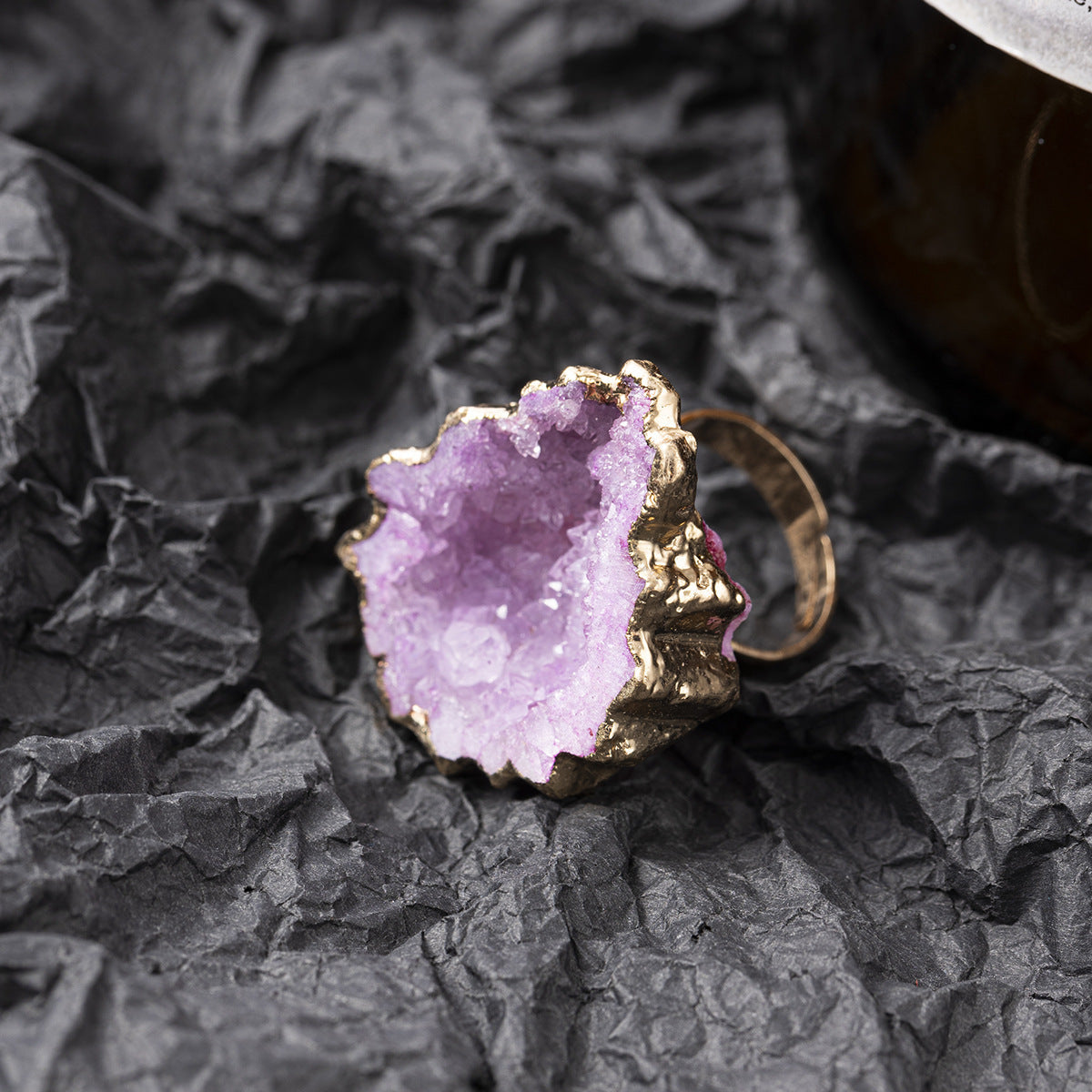 Natural White Crystal Bud Vug Flower Broken Ring Copper Ring