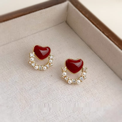 Zircon Wine Red Elegant 925 Silver Needle Heart-shaped Stud Earrings