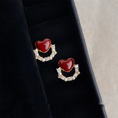 Zircon Wine Red Elegant 925 Silver Needle Heart-shaped Stud Earrings