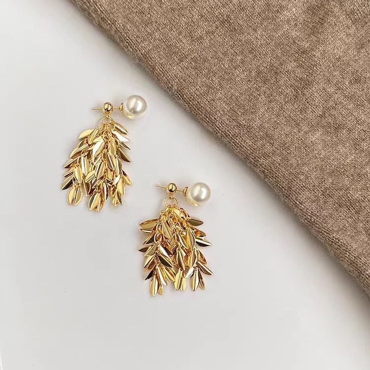 Special Interest Light Luxury Leaves Pearl Tassel Earrings