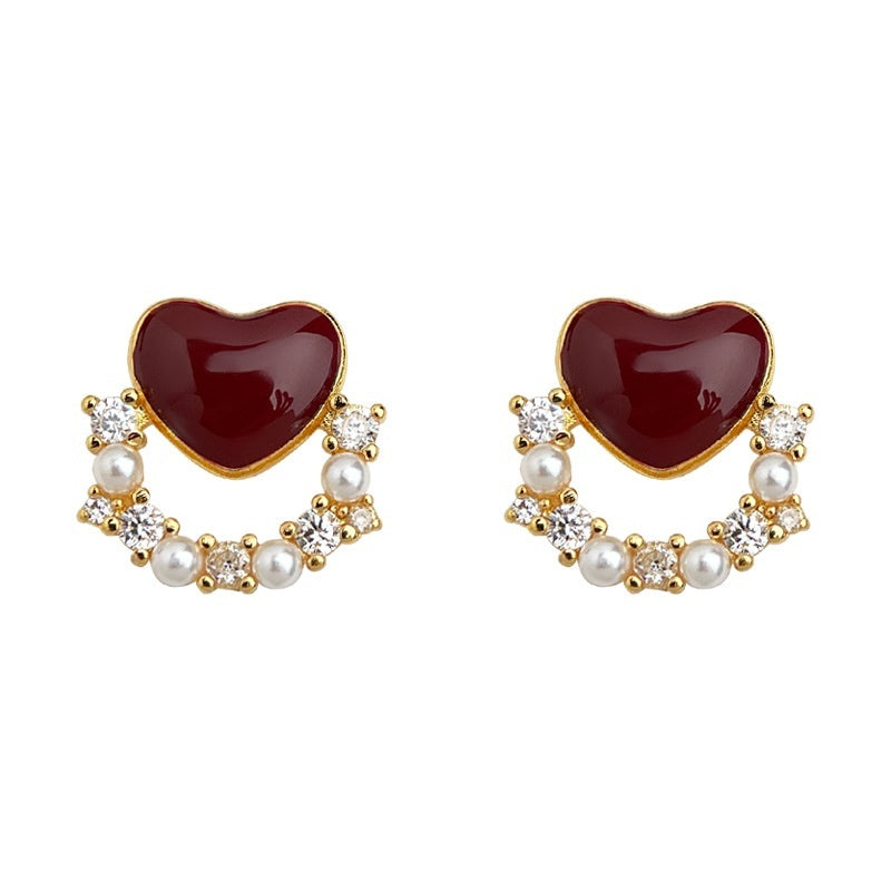 Zircon Wine Red Elegant 925 Silver Needle Heart-shaped Stud Earrings