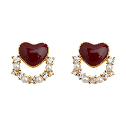 Zircon Wine Red Elegant 925 Silver Needle Heart-shaped Stud Earrings