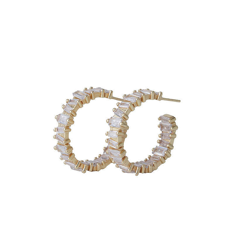 Fashio European And American Copper-plated Gold Full Diamond C- Shaped Stud Earrings For Women