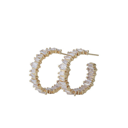 Fashio European And American Copper-plated Gold Full Diamond C- Shaped Stud Earrings For Women