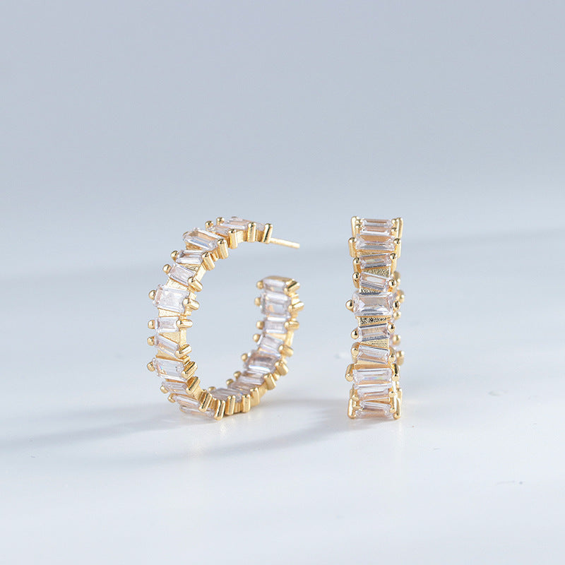 Fashio European And American Copper-plated Gold Full Diamond C- Shaped Stud Earrings For Women