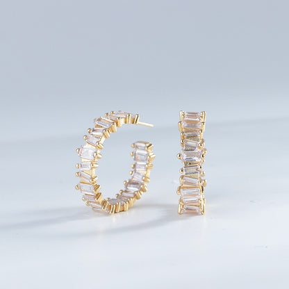 Fashio European And American Copper-plated Gold Full Diamond C- Shaped Stud Earrings For Women