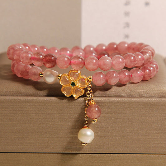 Strawberry Quartz Twin Four-leaf Clover Double Ring Bracelet For Women