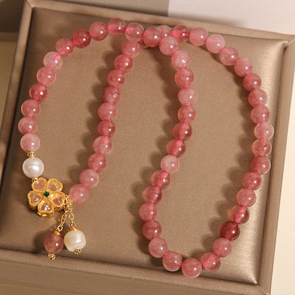 Strawberry Quartz Twin Four-leaf Clover Double Ring Bracelet For Women