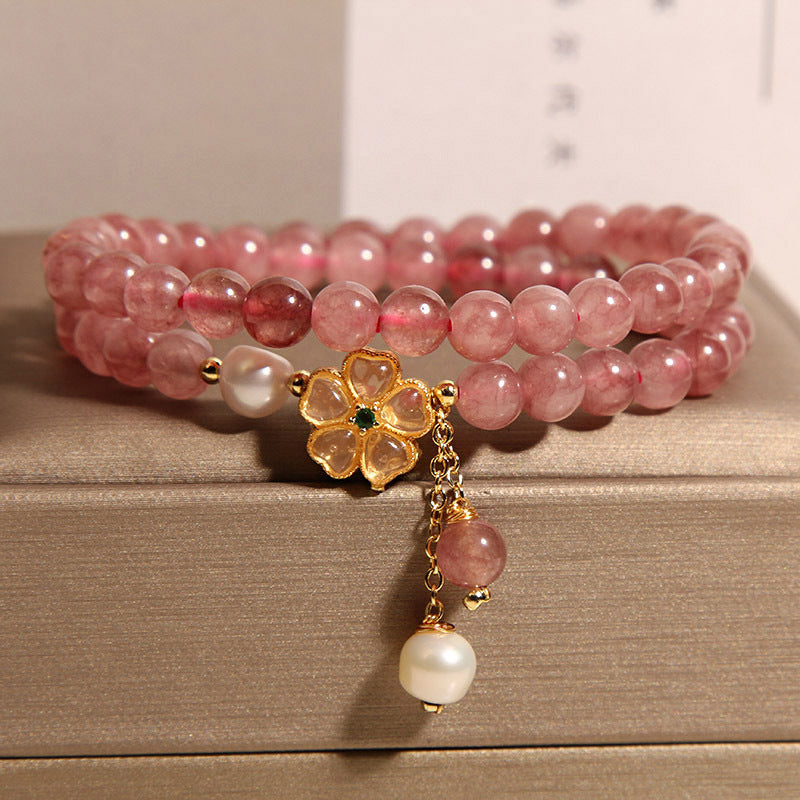 Strawberry Quartz Twin Four-leaf Clover Double Ring Bracelet For Women
